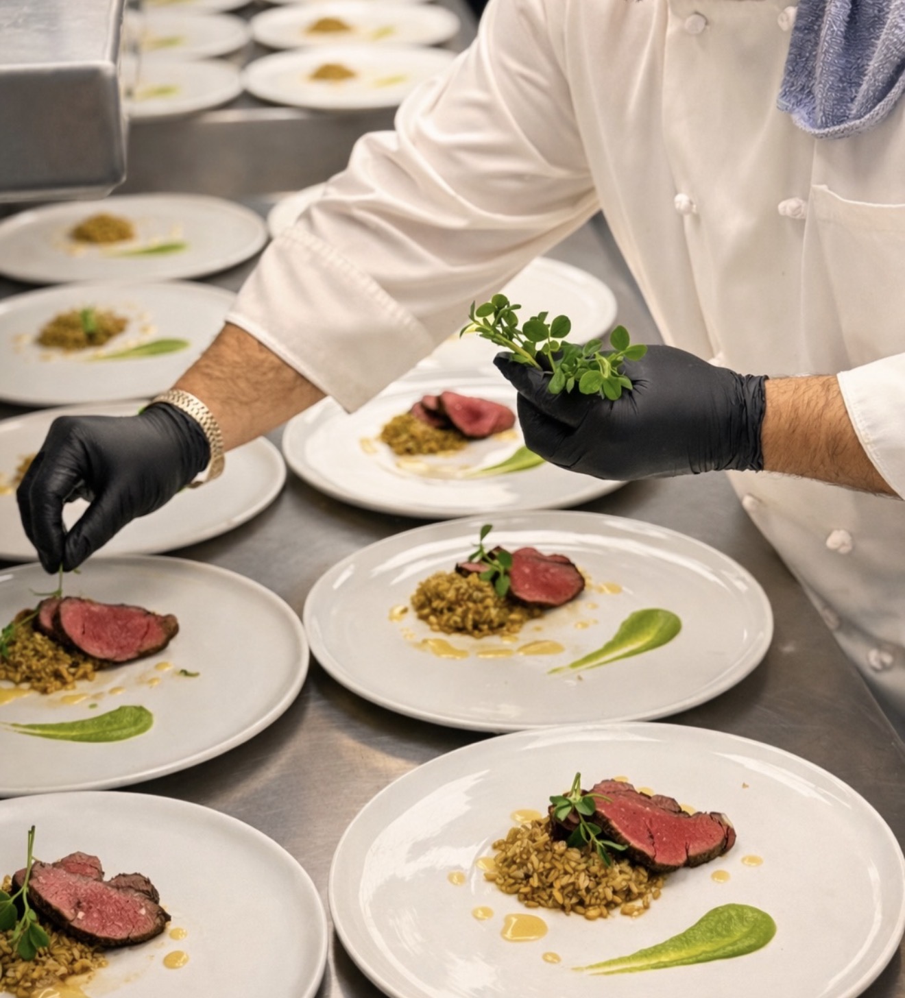 A chef plating a dish in Allred's kitchen