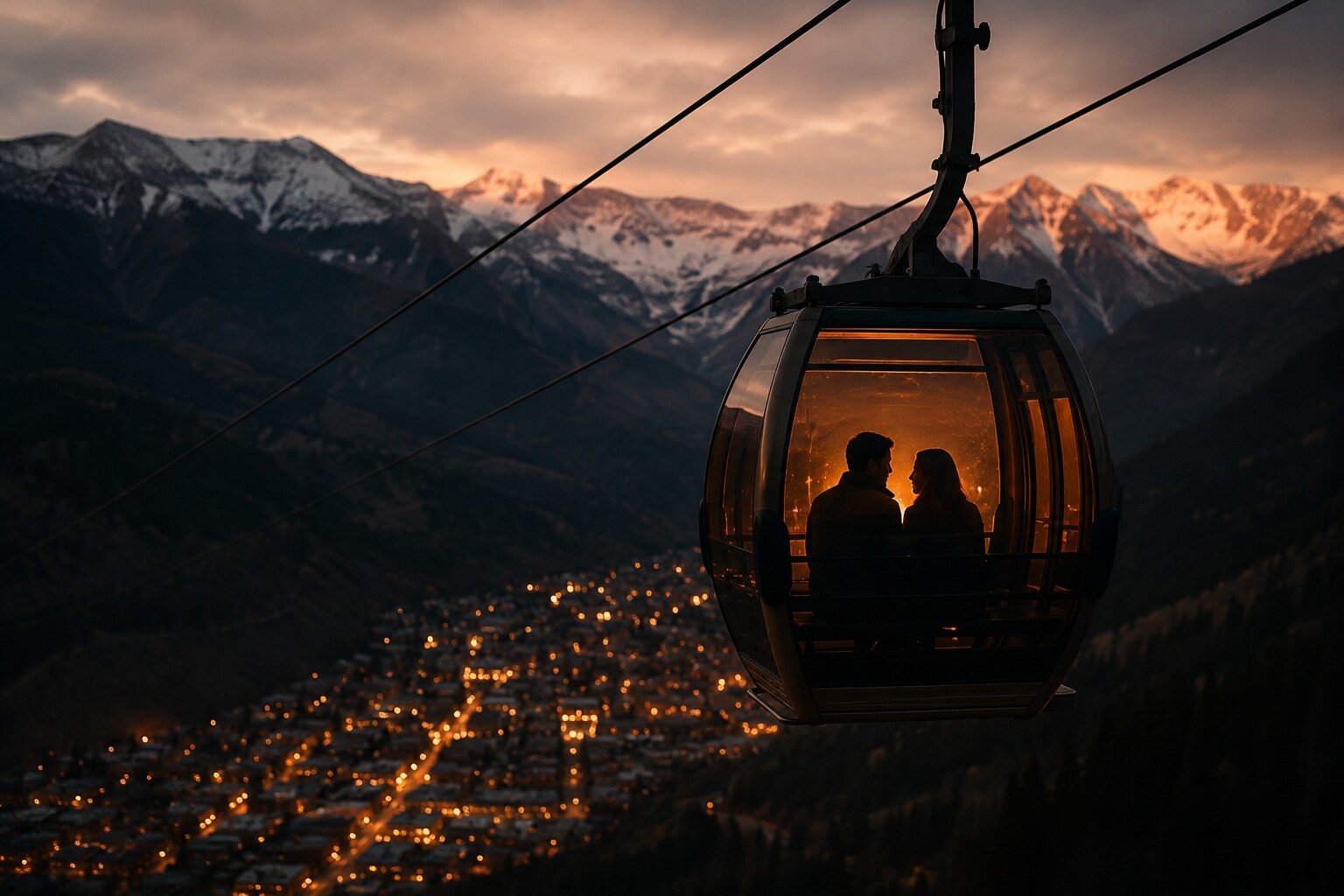 A couple silhouetted inside the Telluride gondola at dusk, the town glittering in the valley below