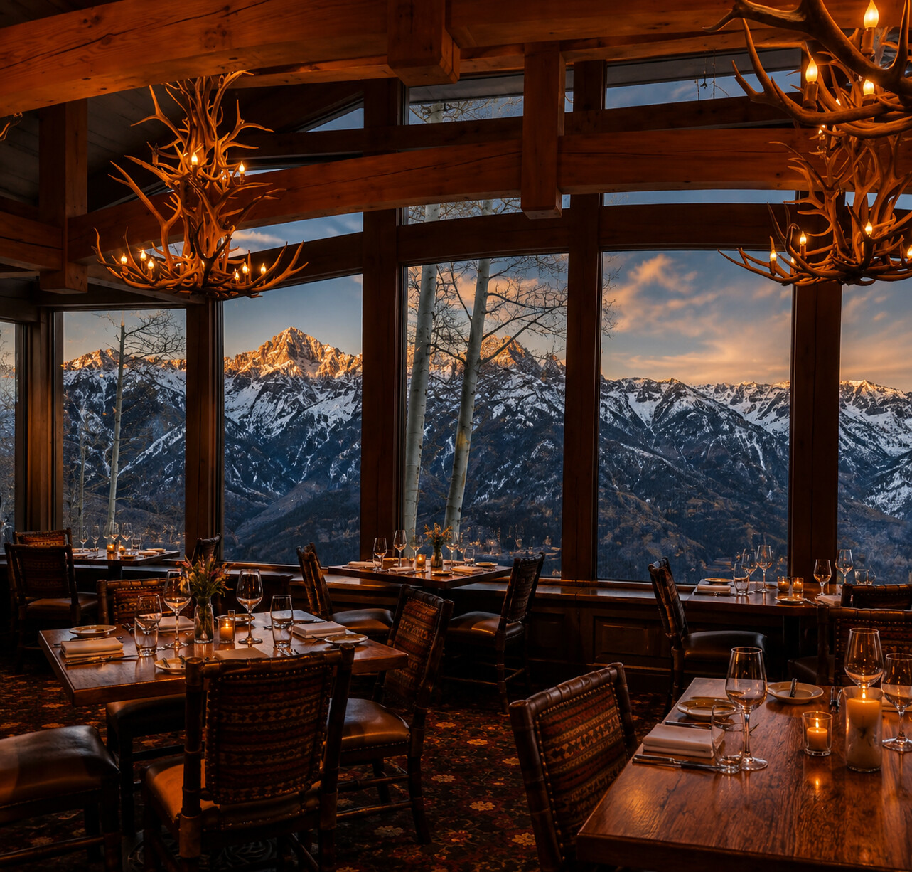Allred's dining room with antler chandeliers, candlelit tables, and the San Juan Mountains visible through floor-to-ceiling windows