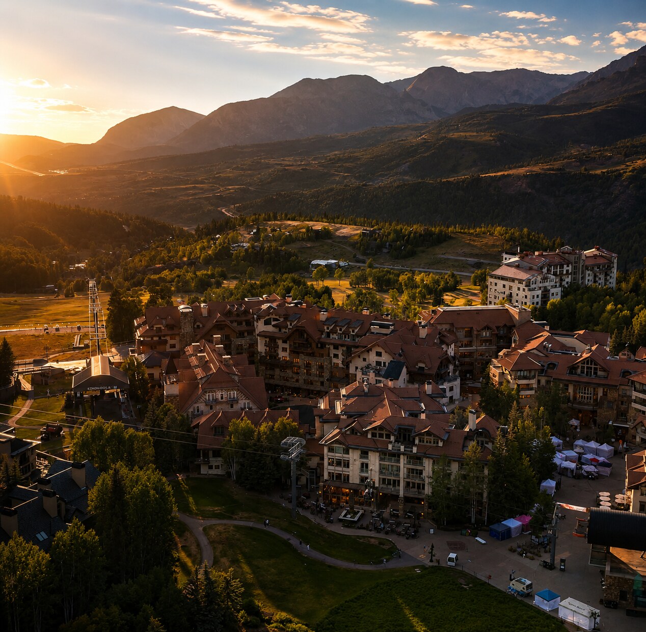 Mountain Village at golden hour, the resort Ron Allred built nestled among the San Juan Mountains