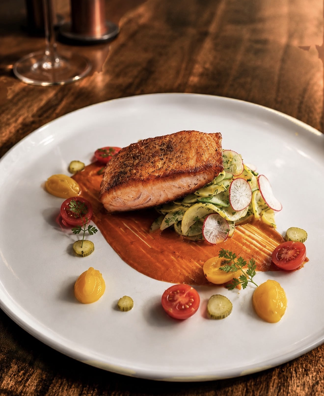 Seared salmon with vegetable ribbons, radish, and heirloom tomatoes