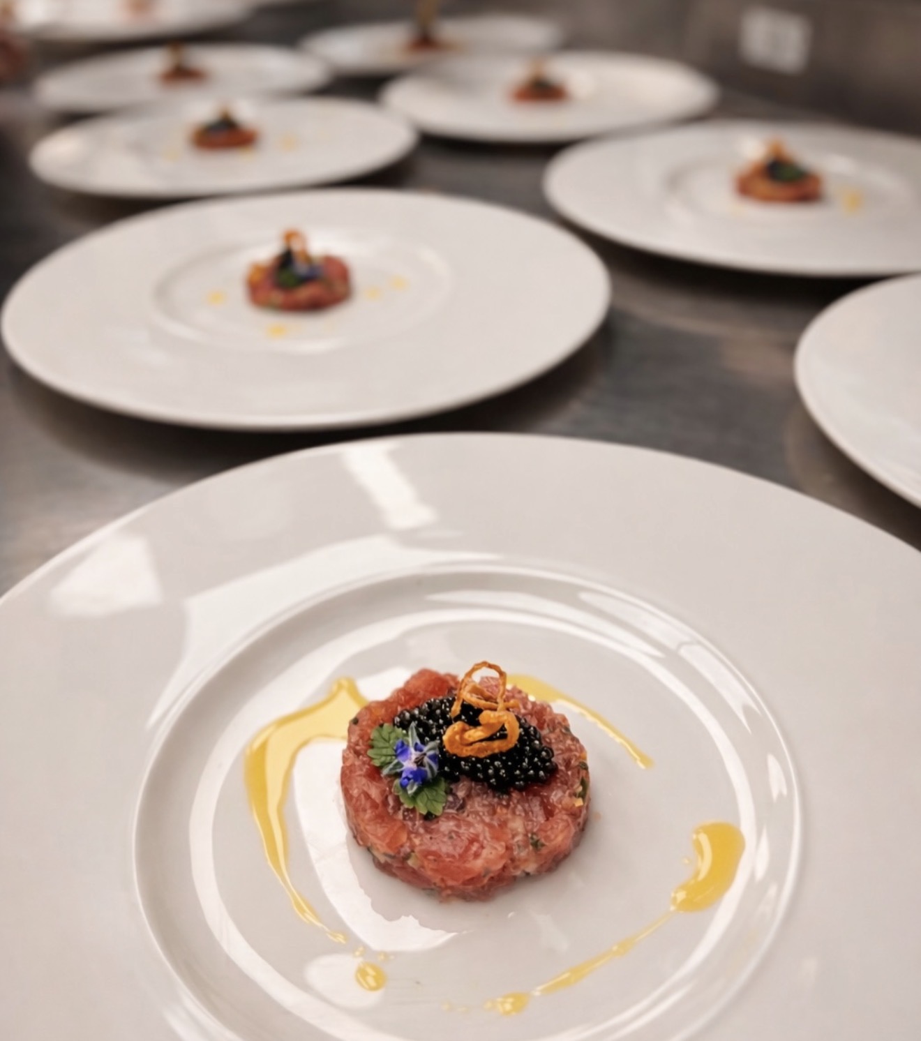 Tuna tartare with caviar, plated for service at Allred's