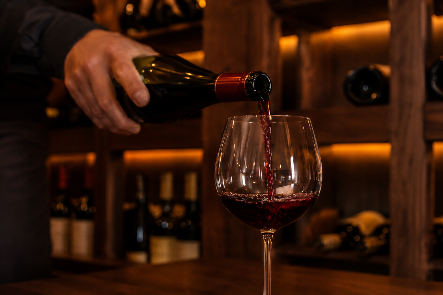 Red wine being poured into a glass in Allred's wine cellar