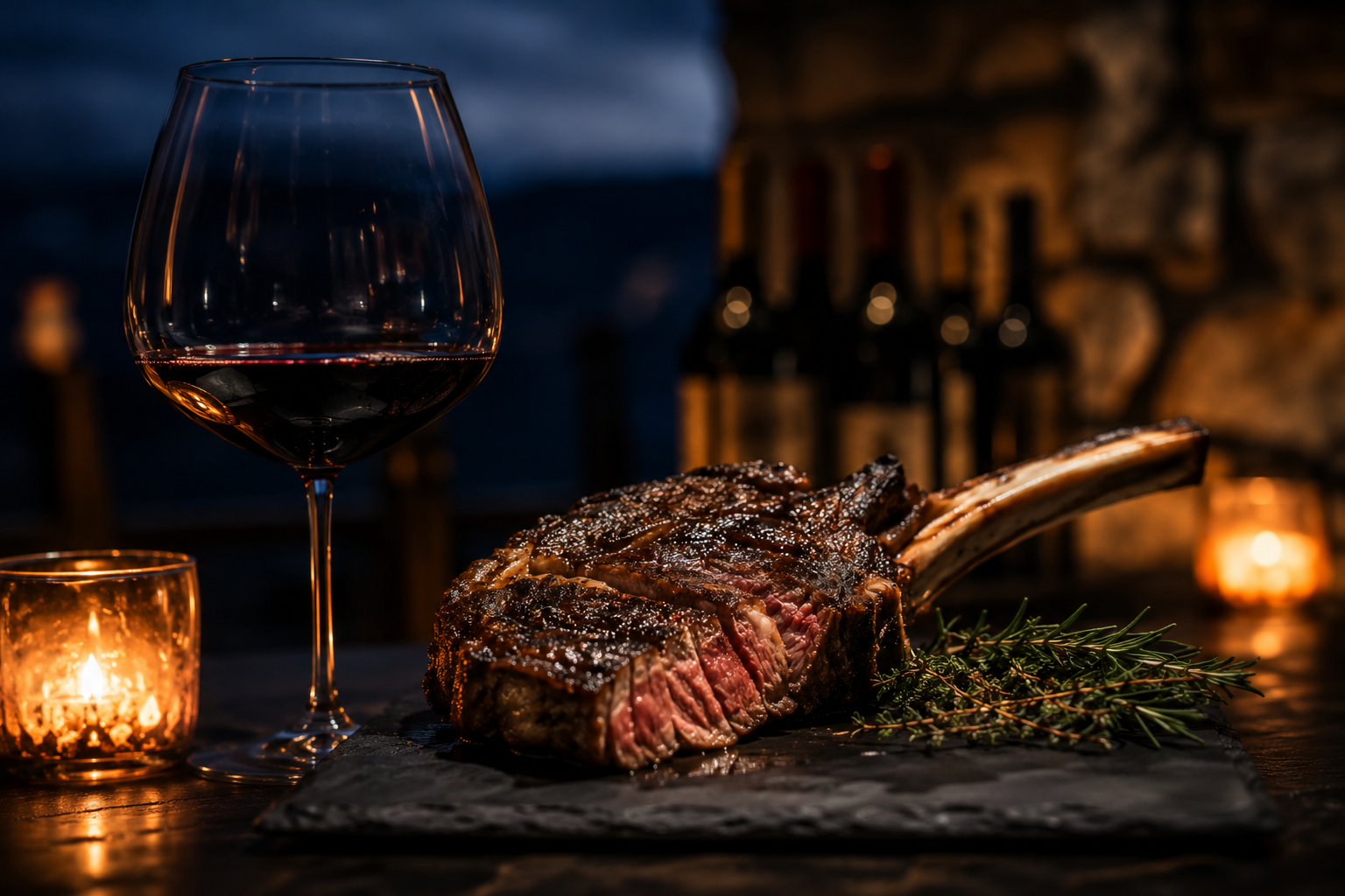 A glass of red wine beside a dry-aged tomahawk steak, candlelight